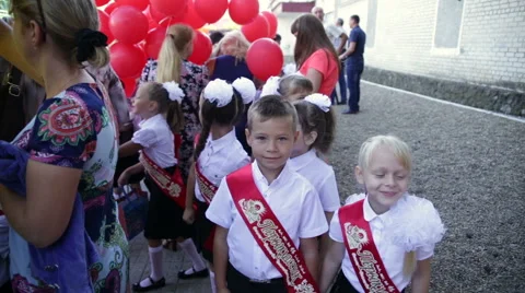 Small pupils. School. First Grade. 1 September Stock Footage 67595880