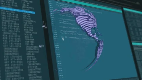 Small purple fragment appearing in right panel forming globe and rotating to Stock Footage 310826239