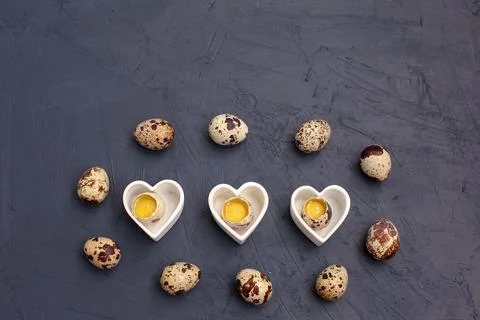 Small quail eggs on black background. Eco products. Stock Photos