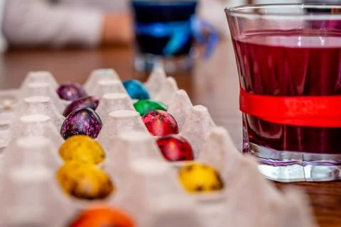 Small quail eggs painted for the easter holidays. Stock Photos
