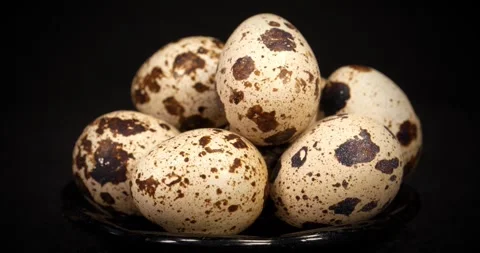Small quail eggs rotates on black background.Cinema 4K 60fps close-up shot video Stock Footage 311833082