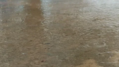 Small raindrops fall into a large puddle on the road. Stock Footage 304636980