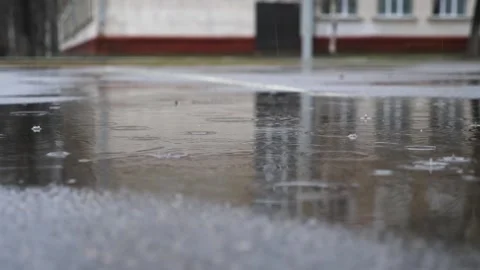Small raindrops falling into big puddle on asphalt road. Rain drops splashing Stock Footage 307827199