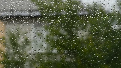 Small raindrops under their own weight run down the window glass. Stock Footage 140359923