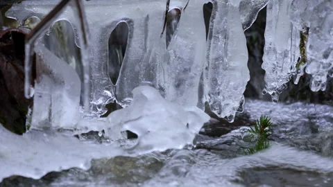 Small rapid river in winter. Melting icicles in the spring river. Stock Footage 228884309