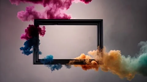 Small rectangular thin frame around slowly moving colorful puffs of smoke, .. Stock Footage 273954499