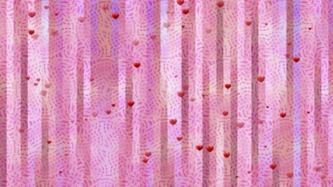 Small red 3d hearts float on the background of a pink satin folded curtain Stock Footage 162427758