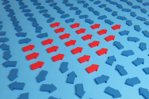 Small red arrows pointing in the same direction form one big arrow next to ma Stock Illustration