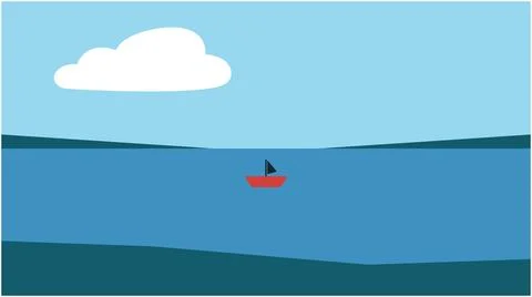 Small red boat sailing on calm blue ocean water with single cloud in sky Stock Illustration