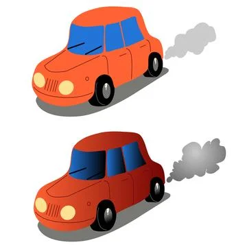 Small red car in two variants cartoon and gradient with smoke and headlights on Stock Illustration