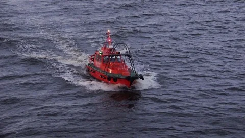 Small red fast pilot motor ship from Riga port close view Stock Footage 119034717