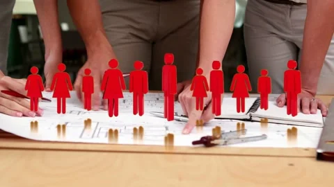 Small red figure appearing team leaning plan pointing and marking adding red Stock Footage 332426240