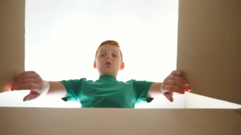 Small red-haired boy looking in parcel box with positive emotions and feelings Stock Footage 329108529