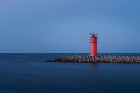 Small red lighthouse, Ras El Bar, Damietta, Egypt Stock Photos