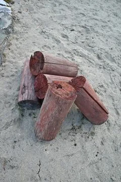 Small red logs on the sand Stock Photos