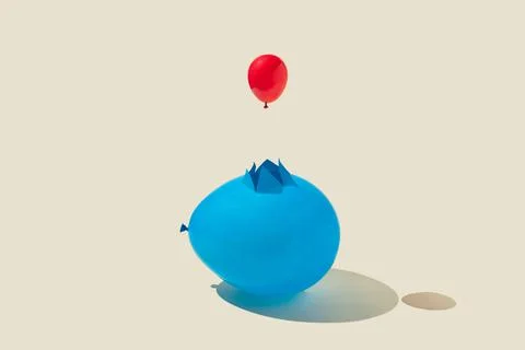 Small red party balloon comes out of a cracked large blue one on yellow Stock Illustration