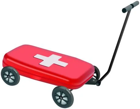 Small red plastic medibox on four wheels handcart Stock Illustration