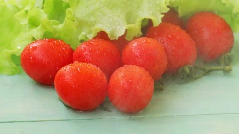 Small red tomatoes and green lettuce. Drops of water fall from above Stock Footage 236542362