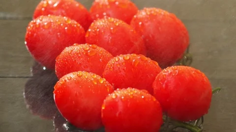 Small red tomatoes. Drops of water fall from above Stock Footage 236542279