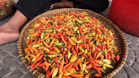 Small Red, yellow and green chillies having their stalks pick off Vídeo Stock 260357703