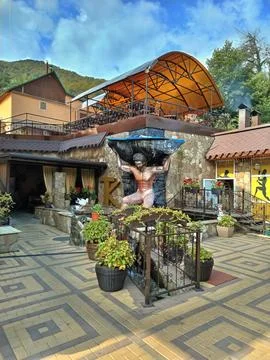 Small restaurant high in the mountains 스톡 사진