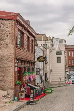 Small restaurant set on a cobblestone side street in Istanbul. Stock Photos