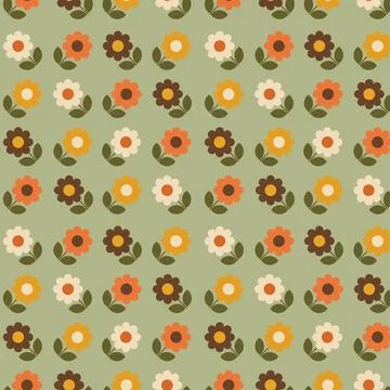 Small Retro Floral Seamless Pattern with Daisy Flowers on Olive Green Backg.. Illustrazione stock