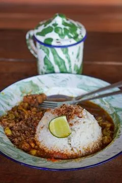 Small rice portion with beef gulai Stock Photos