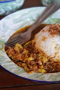 Small rice portion with beef gulai Stock Photos
