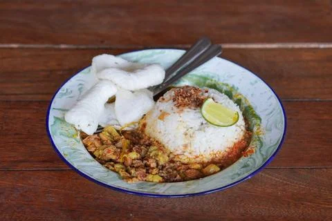 Small rice portion with beef gulai Stock Photos