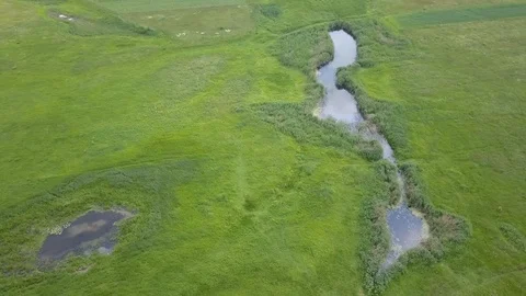 Small river and green meadow seen from above in spring light Stock Footage 90464491