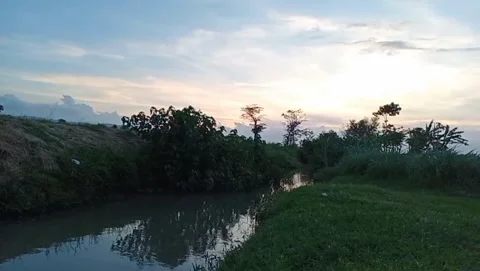 Small river and twilight sky. 库存影片 334416900