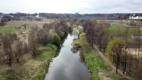 A small river between the trees in spring. Young greens Stock Footage 305567728