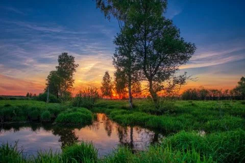 Small river in field Stock Photos