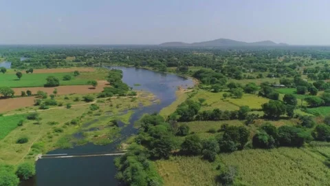 Small river flowing between the fields and village in rajsthan Stock Footage 218290717
