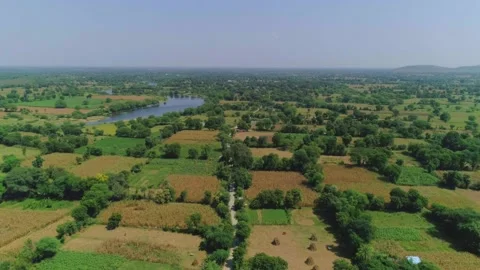 Small river flowing between the fields and village Stock Footage 218290956