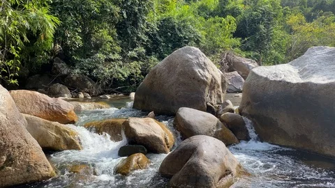 Small river flows among large stones forest. Natural landscape, clean river Stock Footage 127333546