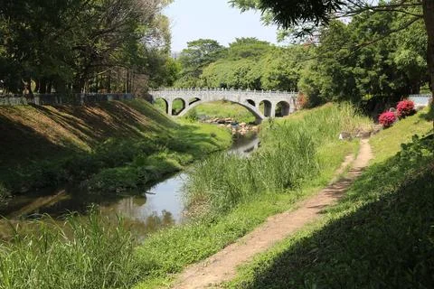 The small river flows through the park, with green grass and flowers on bot.. Stock Photos