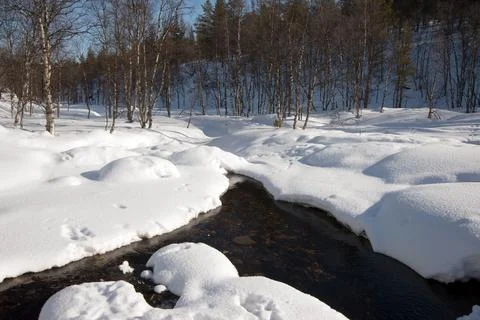 Small river in a forest with snow  in winter Stock Photos