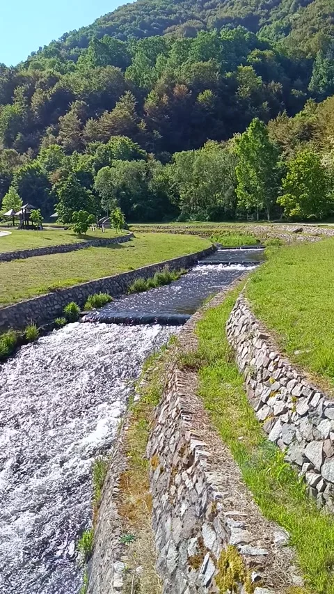 Small river goong fast through beautiful nature and mountain in background Video stock 289140933