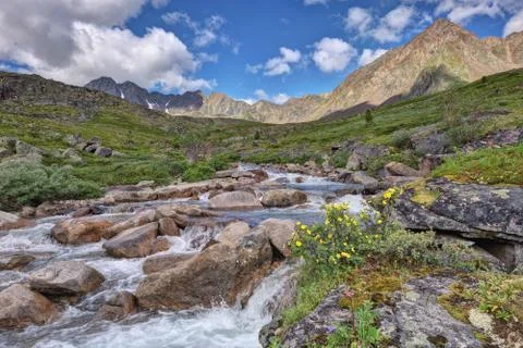 A small river in the mountain tundra Stock Photos