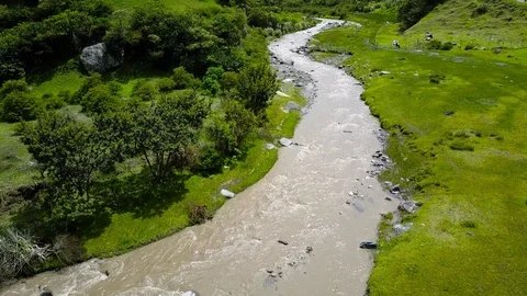 Small River In Mountain Valley 2 [Drone Footage] Stock Footage 88346731