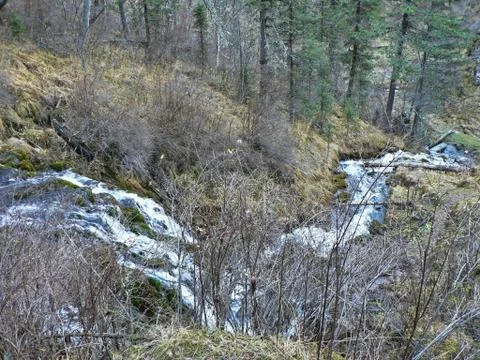 Small river in the mountains flows between rocks and grass Stock Photos