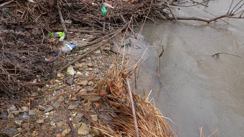 Small river polluted with human trash Stock Footage 121881623