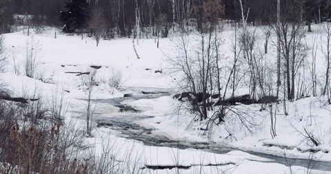 Small river rapids flow through remote farm land Видео 122041164