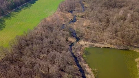 Small river in spring landscape. Aerial video Stock Footage 128328453