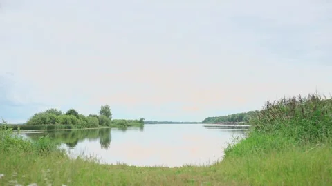 A small river, view from the shore, slow motion camera Video stock 328299536