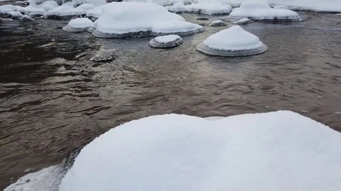 Small river on winter. Water running slowly between snowy stones. Stock-Footage 101445647