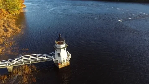 Small Riverside Lighthouse From Above Stock Footage 97545171