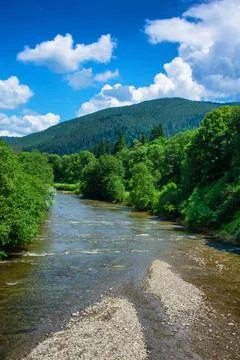 A small rivulet flows at the foot of the mountains, vertical photo Stock Photos